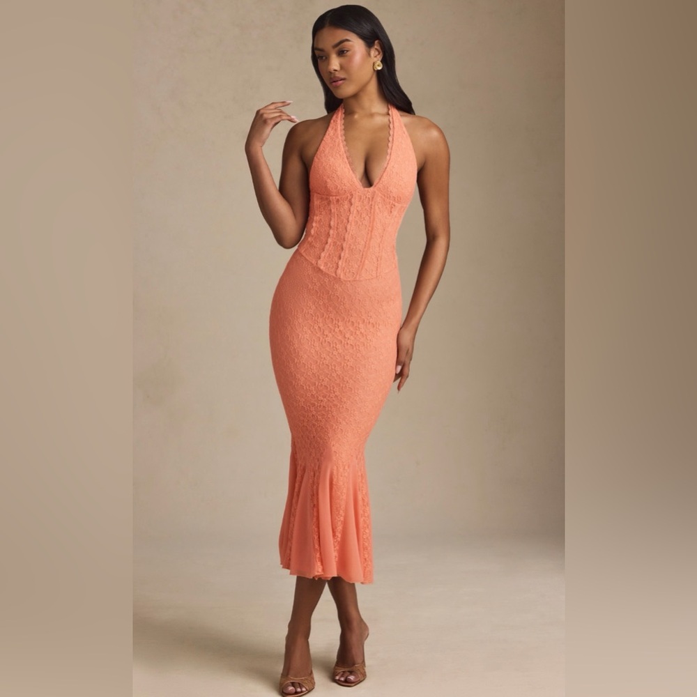 BRAND NEW OH POLLY Halterneck Corset Lace Midaxi Dress in Peach